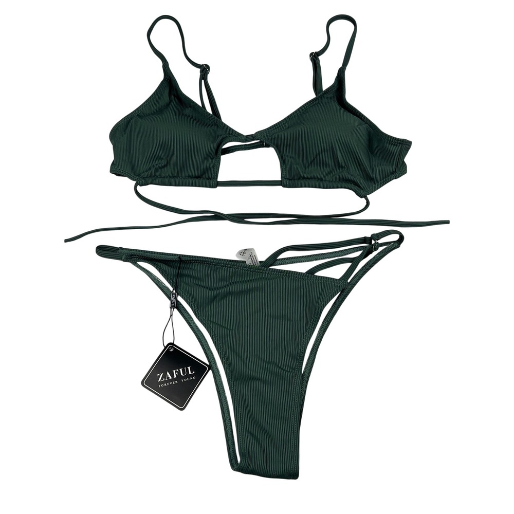 Zaful Ribbed Keyhole String Bikini Dark Green‎ Swimsuit Size 8 Vacation Coquette